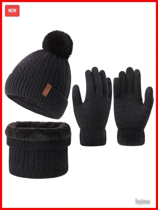 Winter Beanie Scarf and Touch Screen Gloves Set Fleece Lined Knit Hat Gloves Set