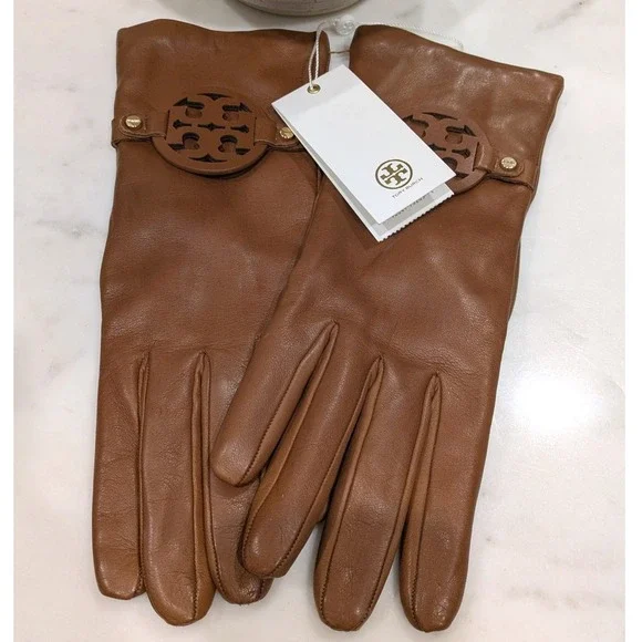 Tory Burch Miller Leather Gloves Women 7.5 T-Logo Brown Cashmere Lined 46591 NEW