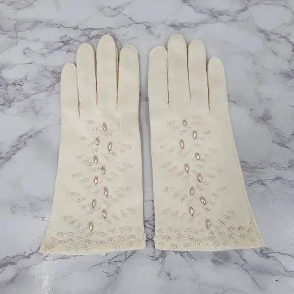 Vintage 50s English Cotton Beaded Evening Dress Formal Gloves
