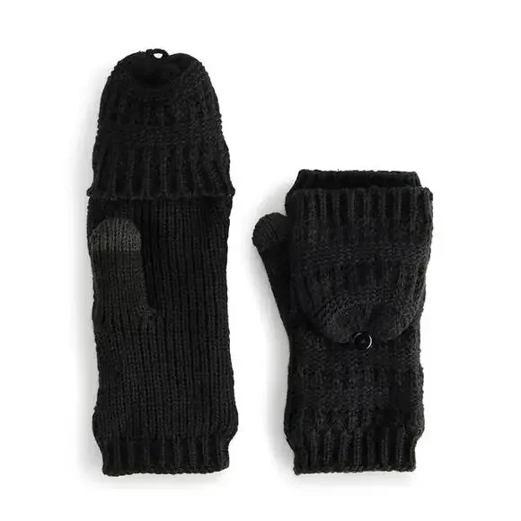 NWT Sonoma Goods For Life Black Ladder Stitch Flip Top Mittens Women's One Size