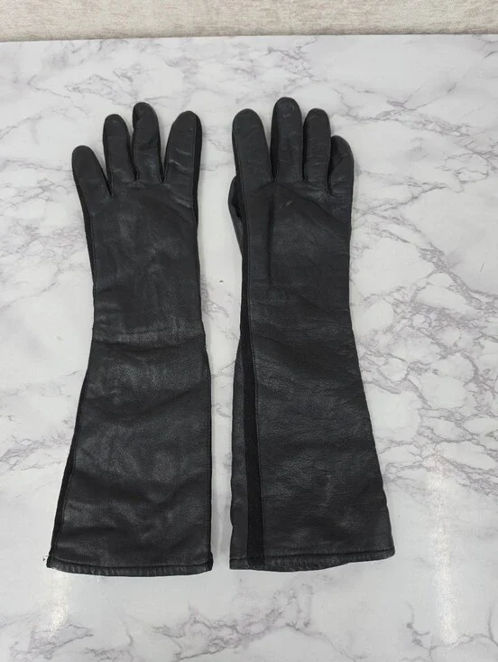 Fownes Long Black Leather Gloves with Nylin Stretch Contrast Dress Oprea