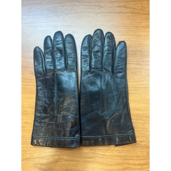 Black Leather Wrist Gloves Lined w/ White Rabbit Fur Women's 7.5 Driving Gloves
