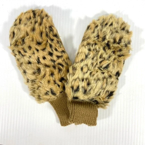 VTG Leopard Print Faux Fur Tan Knit Mittens Gloves Womens One‎ Size