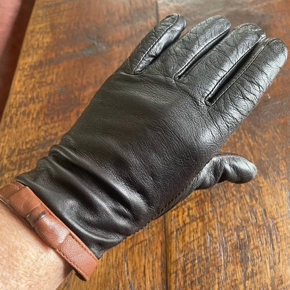 Lauren Ralph Lauren Black Leather Gloves Brown Bow Trim Size Medium