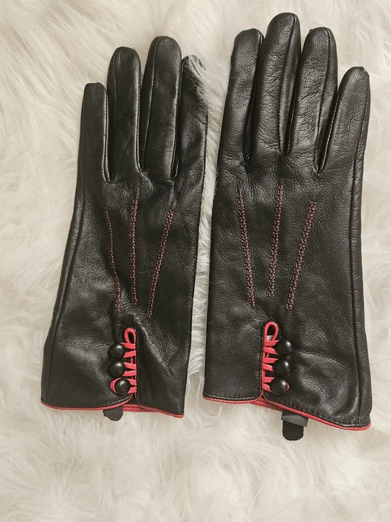 Black Leather Gloves with Red Trim, Size M