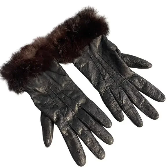 Vintage 60's Women's Leather Fur Gloves Size Medium