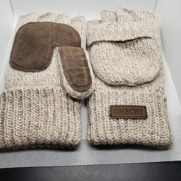 Omechy Womens Winter Gloves Mittens Medium Brown Convertible Fingerless Mitten