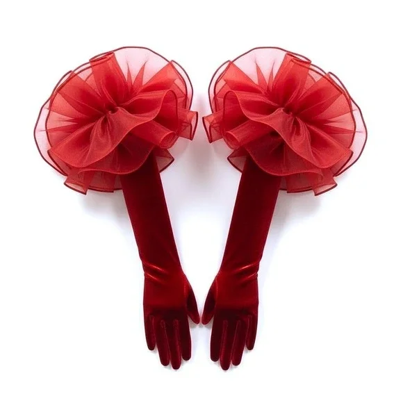New‎ Red Velvet Opera Evening Gloves Large Tulle Puffs Vintage Style Long Formal