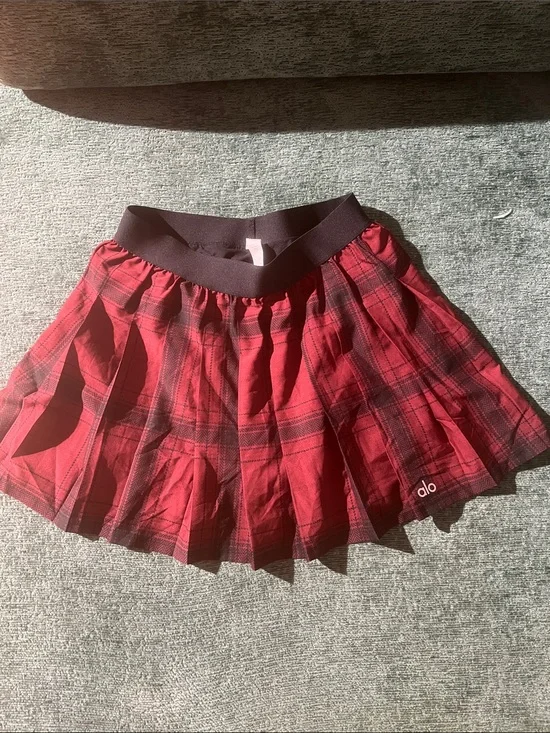 ALO Yoga Red Plaid Circle Skater Skirt with Black Waistband