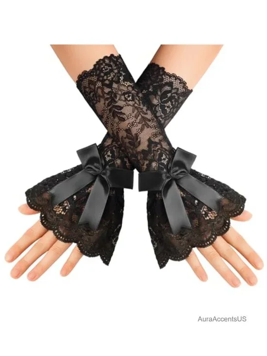 Fingerless Lace Gloves with Bow - Women's Mid Elbow Ruffle Costume Accessory