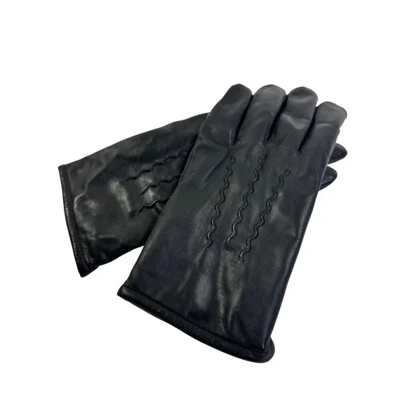 Black Genuine Leather Gloves Womens Large Faux Fur Lined Wavy Stitch