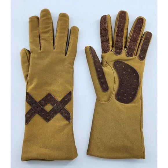 Vintage Bloomingdales Women's Tan Gloves Pigsuede Trim‎ OSFA Nylon Spandex Blend