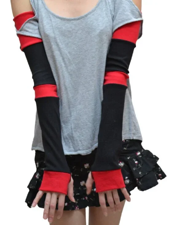 Long Striped Arm Warmers Black Red Cotton Glove Patchwork Warm Elbow Length Warm
