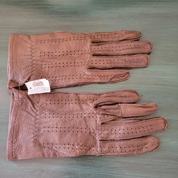 Edwards Marks Genuine Pigskin Leather Gloves Size 6‎ 1/2 Brown Perforated Design