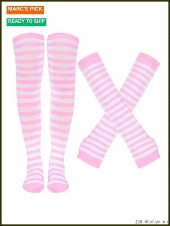 Striped Knee High Socks and Arm Warmer Fingerless Gloves Set