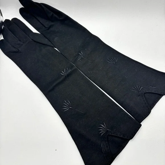 Wear-Right Vintage Black Cotton Opera Gloves Embroidered Western Germany Sz 7.5‎