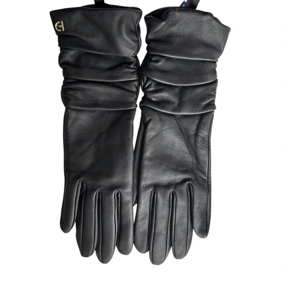 NWT!‎ Cole Haan Womens Black Ruched Leather Gloves Touchscreen Tech Classic Sz S