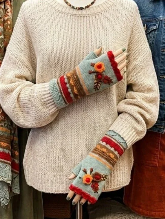 Sage 3D Floral  Embroidered Crochet Trim Knit Fingerless Gloves