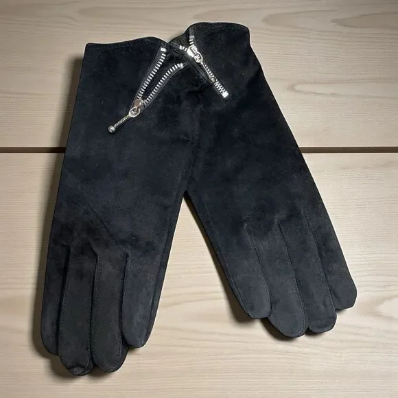 Vintage Black Suede Leather Gloves Women’s M Zip Accent Lined NWT Retro Classic