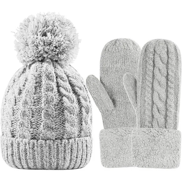 Women's Gray Gray Hat Winter Warm Imported Fleece Lining Wool Knit Thick Gloves