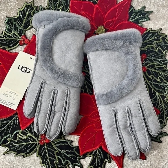 Brand New UGG Shearling Sheepskin Handsewn Touchscreen Gray Gloves Leather Trim