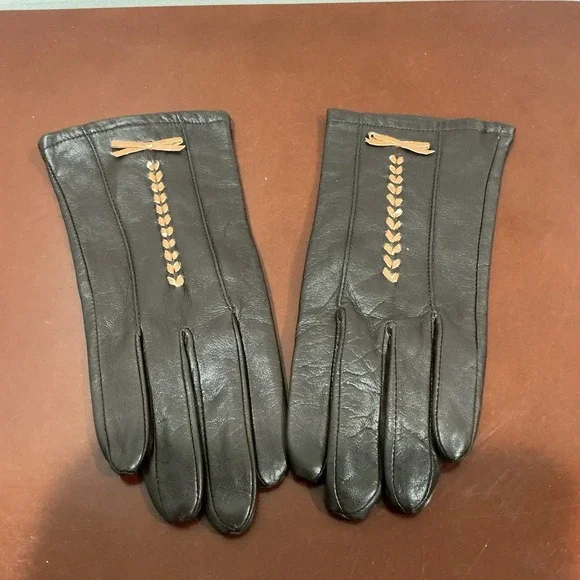 Merona Womens Brown Leather Gloves‎ With Stitching Accents Size S/M Classic