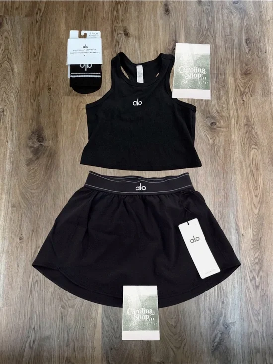 ALO Yoga Black Flared Match Point Tennis Skirt