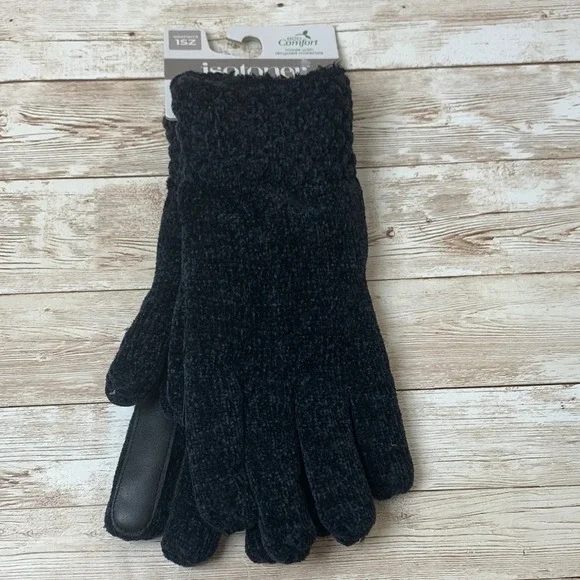 Isotoner Womens Black Chenille eco Comfort smarTouch Gloves One Size NEW