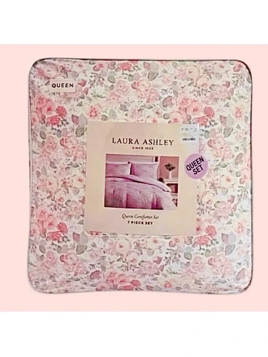 🆕-Laura Ashley Charming 7pc Queen Comforter Set in Pink Floral. Beautiful