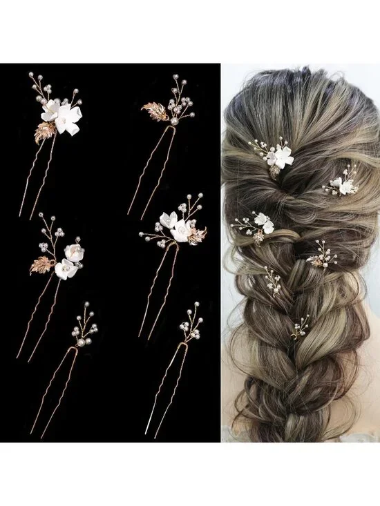 Women's Gold 6 Pieces Handmade Gold Leaf Pearls Flower Bridal Hair Bridesmaid