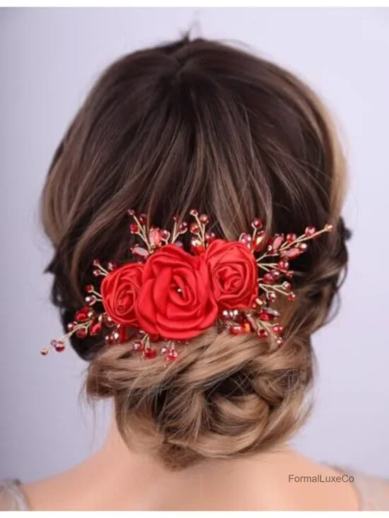 Red Flower Rhinestone Crystal Headband Hair Vine Wedding Bride Prom Party