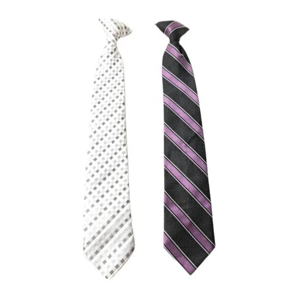 LOT OF 2 Boys Clip Tie Purple, Black, Stripes & Silver, Black, & Gray