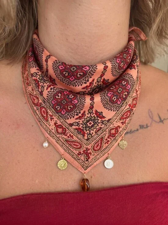 ✨ Peach Paisley Charm Bandana Head Scarf Pearl Heart Sun Boho Western