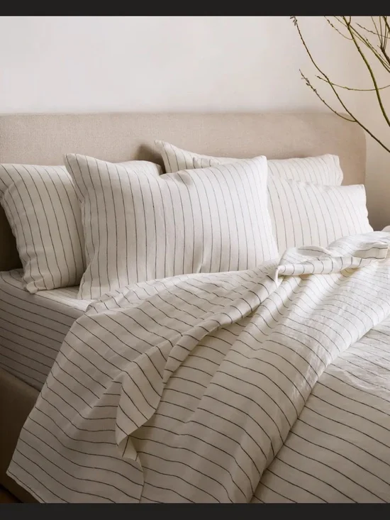 King/Cal King Quince 100% Linen White & Black striped duvet Cover. Costal Modern