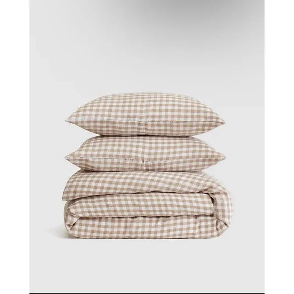 Quince European Linen Gingham Duvet Cover Set Full/Queen Cafe NEW $194