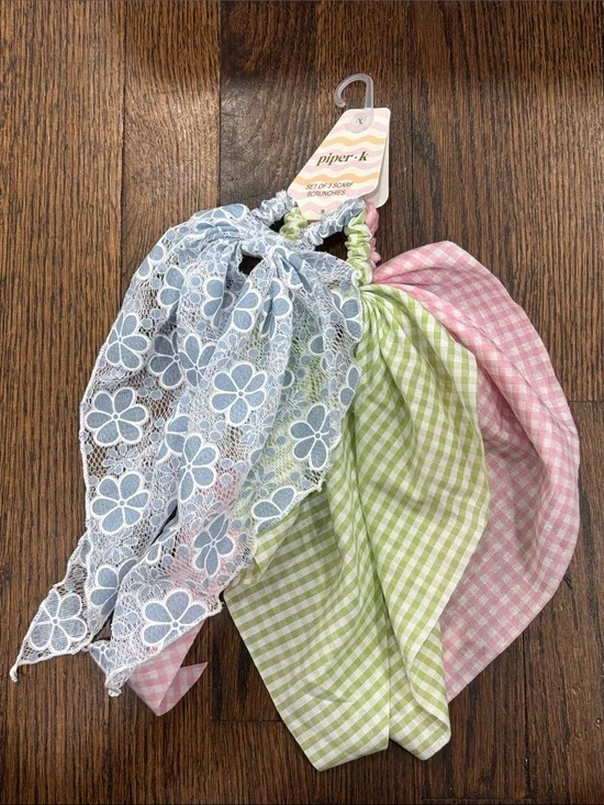 Piper K Set of 3 scarf scrunchies in Blue, Green & Pink
