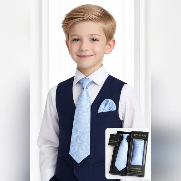 Boys Light Blue Paisley Pre-Tied Necktie Pocket Square Set Adjustable Ages 8-12
