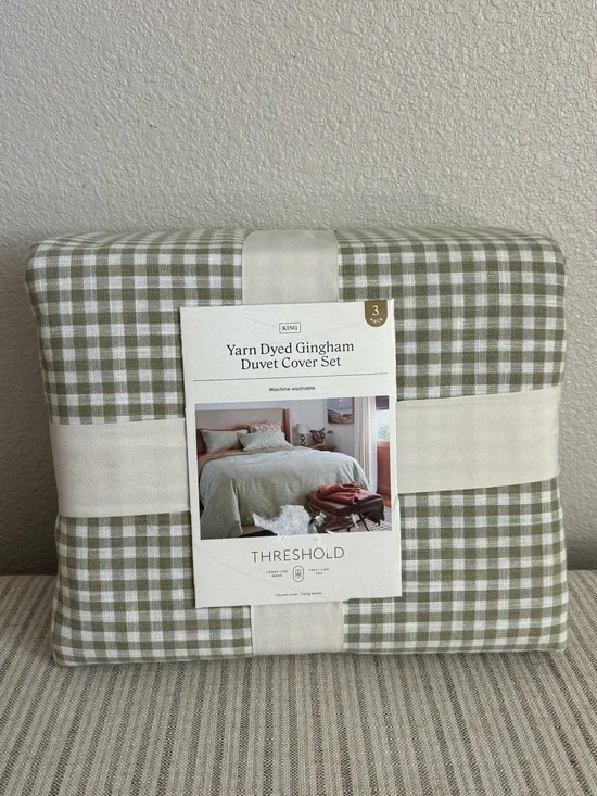 NWT King Mini Gingham Duvet and Sham Set Moss Green - Threshold