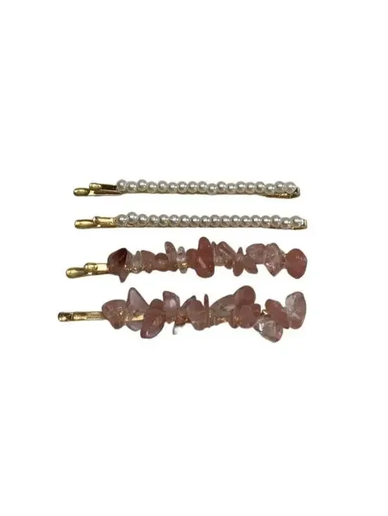 Pink Gemstone Hair Bobby Pins 4pc Pearl Style Hair Accessories Brand New