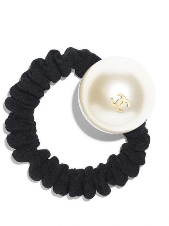 CHANEL Black Scrunchie with Pearl and Gold CC Charm