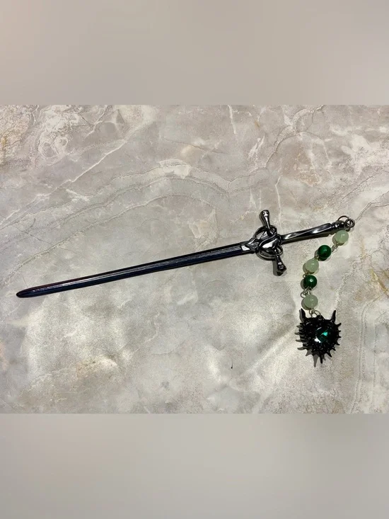 Decorative Silver Sword Hair Stick with Green Bead Charm (Handcrafted)