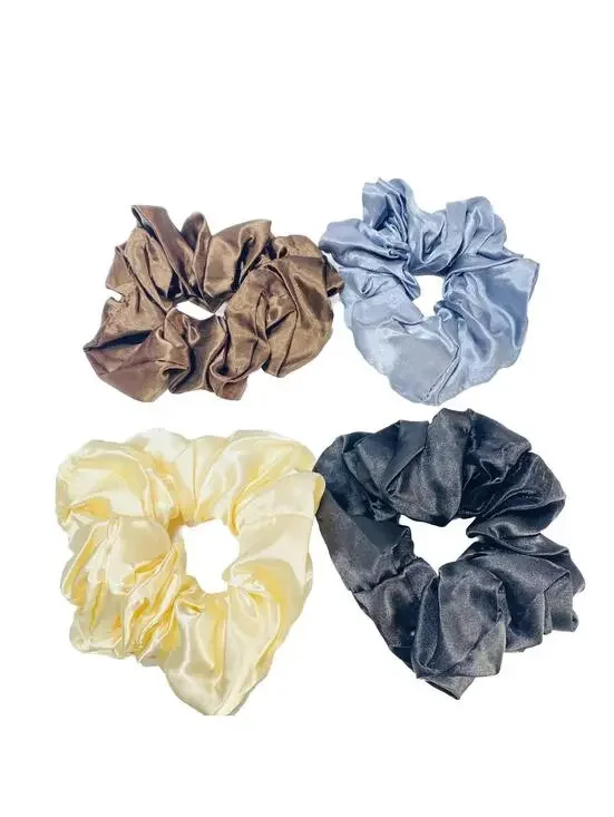 Hair Scrunchies Set of 4 Cream Brown Grey Black Soft Elastic Brand New