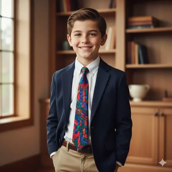 Beau Ties Amherst NH Boys Necktie Blue Red Geometric Silk Tie Ages 7-10 45