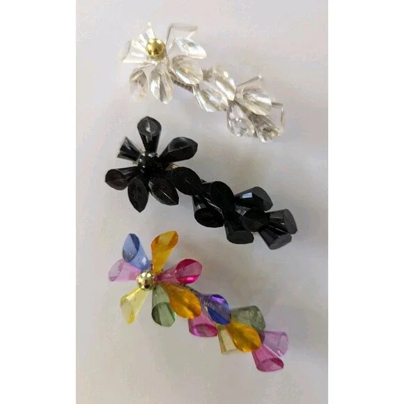 Vtg 80s Lucite Hair Barrette Clips Lot Of 3 Fancy Disco Rainbow Black Clear EUC