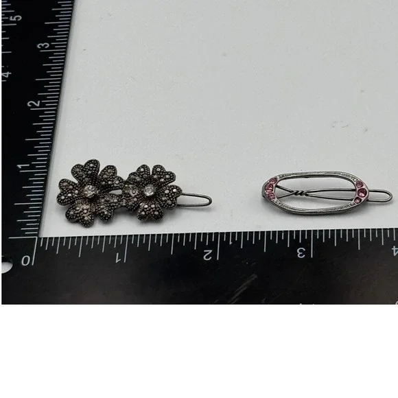 Vintage‎ Silver Tone Rhinestone Hair Clip Set Floral and Oval Pink Clear 2pc