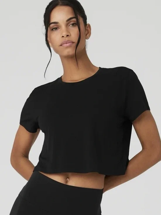 Alo Yoga Cropped All Day Short Sleeve Tee Black Modal Boxy Crop Top Medium
