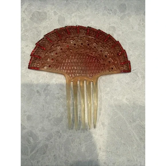 Vintage Hair Comb Art Deco  Celluloid Fan Design Red Rhinestones  6 In X 6 1/2.