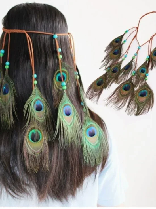 Boho Peacock Feather Beaded Tassel Headband Festival Hair Accessory