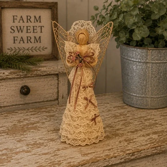 Vintage Corn Husk Angel Tree Topper Rustic Lace Christmas Decor 13in Figurine