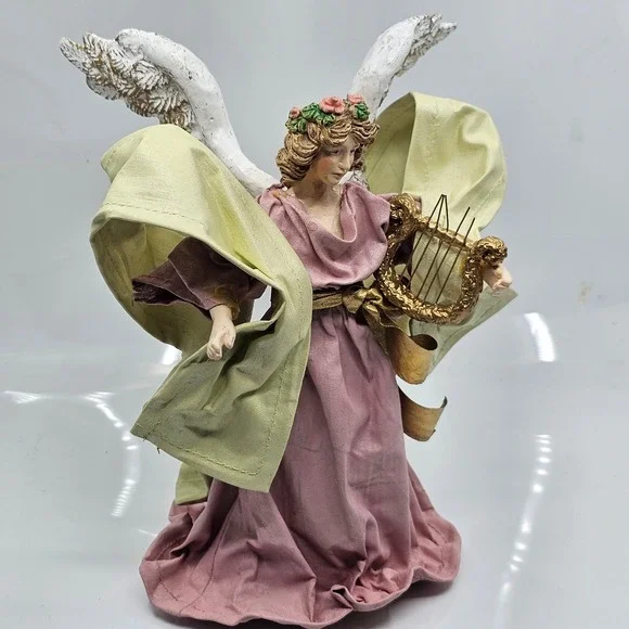 Vtg Angel Christmas Tree Topper Figurine Pink Gown Gold Harp Resin‎ Fabric 10